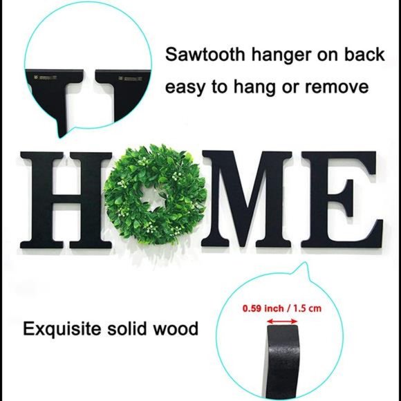 Wall Decor Wooden Home Letters with Wreath12 Inch Black